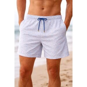 Capelle Swim Trunks Shorts Blue Fish Print Drawstring Lined Mens XL Bathing Suit